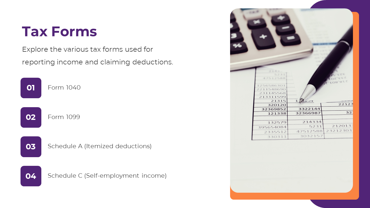 A desk setup showing a calculator, pen, and tax forms, highlighting different forms used for tax reporting and deductions.