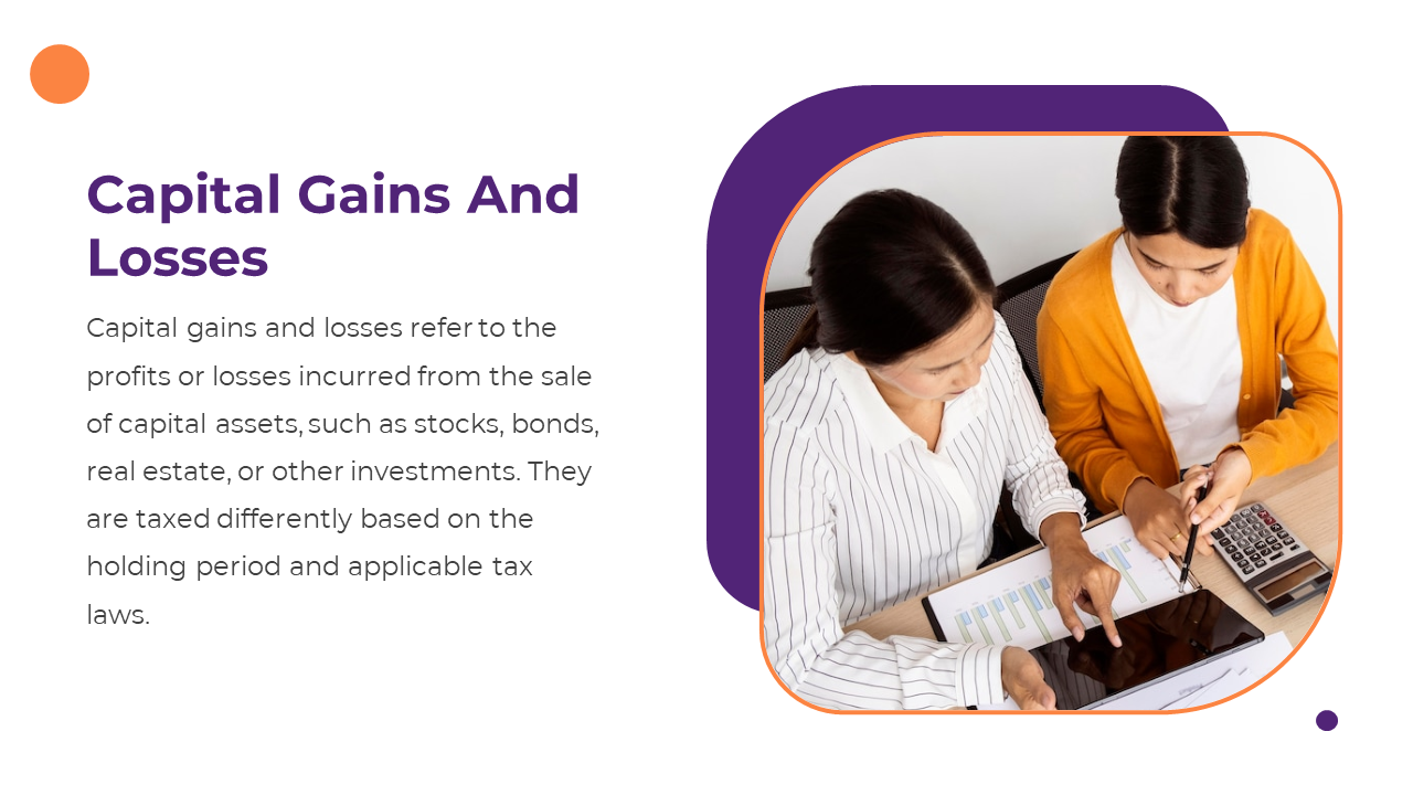 Two women reviewing capital gains and losses, discussing investment profits or losses on a tablet and financial documents.