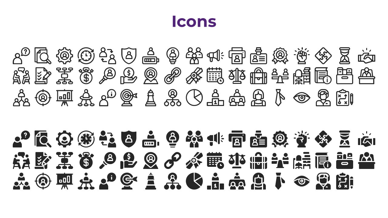 A collection of black and white icons representing various business, financial, and process related concepts.