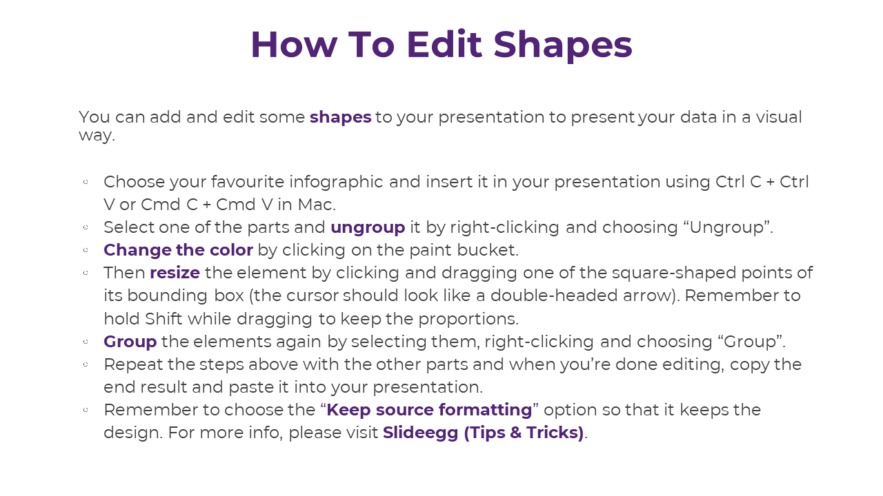 Step by step guide on editing shapes in presentations, including ungrouping, resizing, and grouping elements.