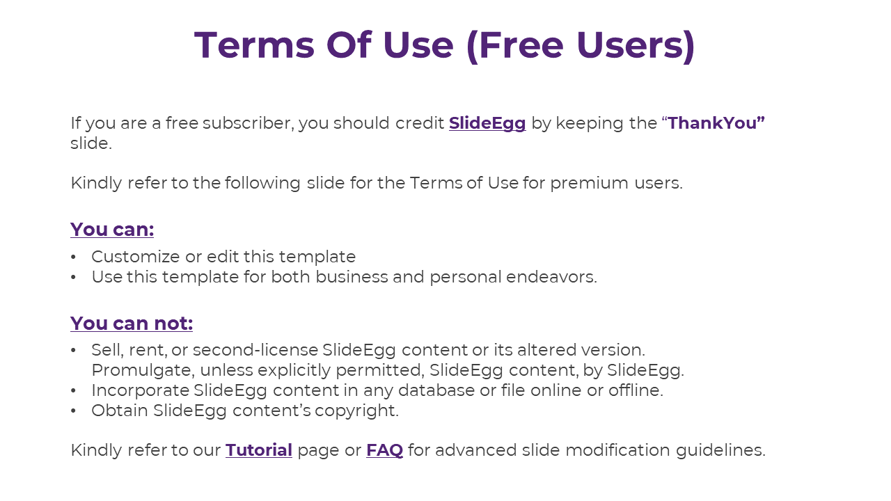 Guide on the terms of use for free subscribers of SlideEgg, highlighting usage rights and restrictions on a white backdrop.