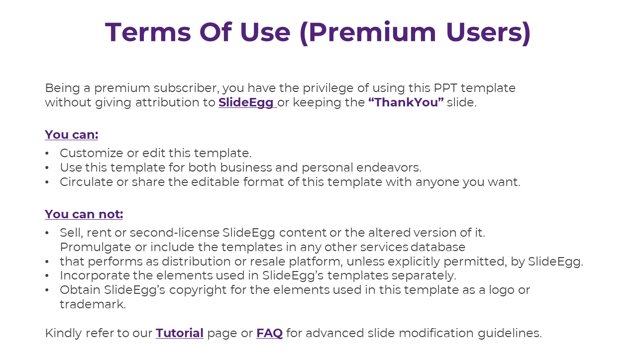 Premium user terms for SlideEgg templates, offering customization and sharing rights on a white backdrop.