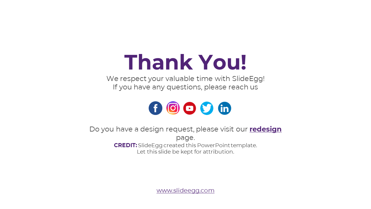 Thank You slide for SlideEgg users, with contact details, social media links, and a credit note on a white backdrop.