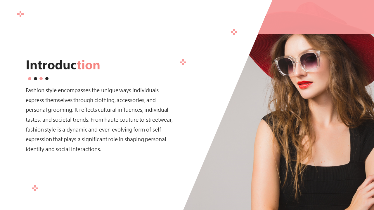 Fashion style PowerPoint slide featuring a woman with sunglasses and a red hat, showcasing fashion and personal expression.