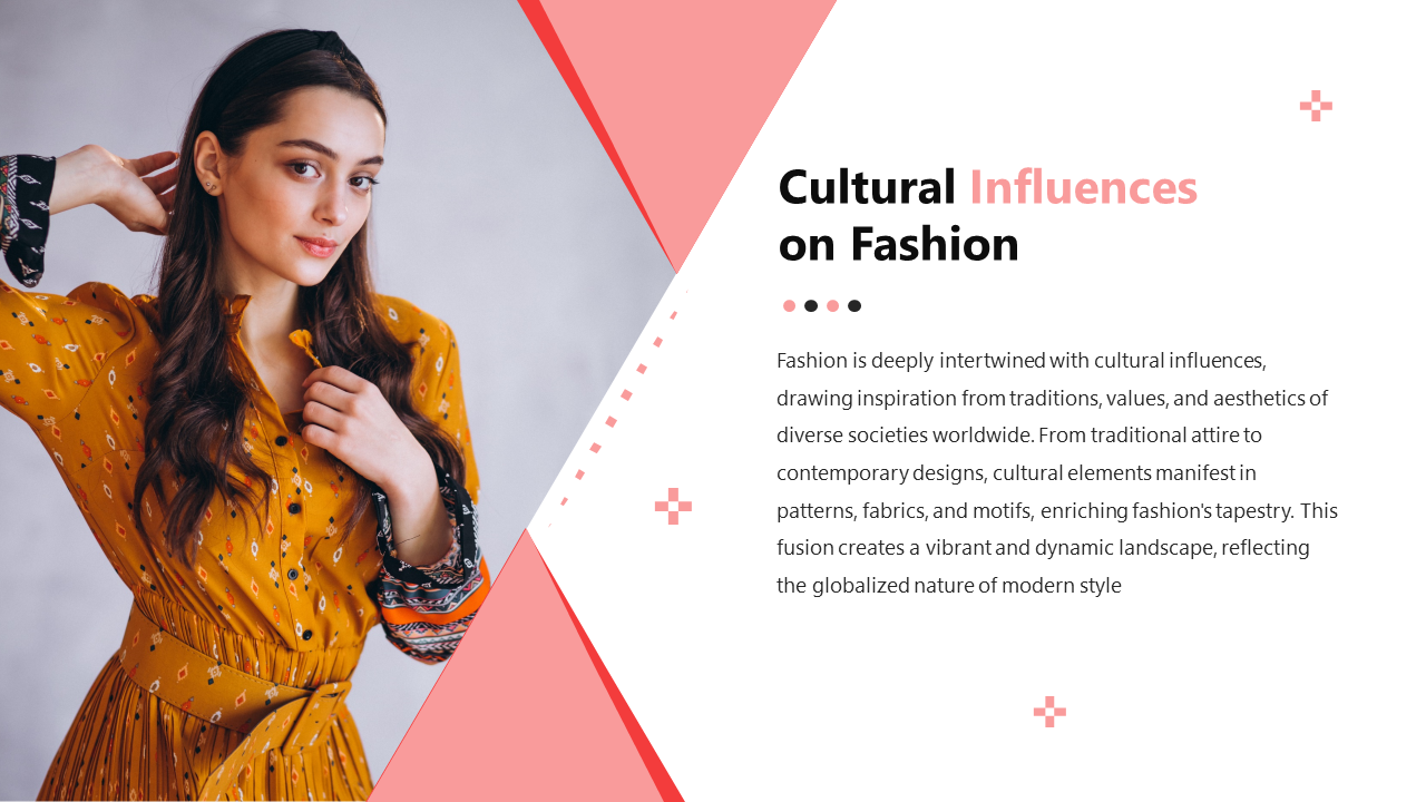 Fashion PowerPoint slide with a woman in a yellow dress, representing cultural influences on fashion and design trends.