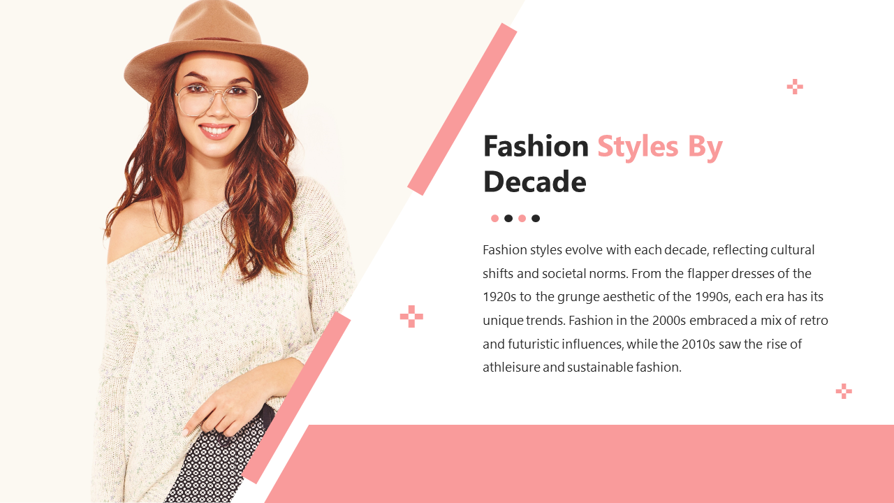 PowerPoint slide highlighting fashion styles by decade with a woman wearing a relaxed, modern outfit and a beige hat.