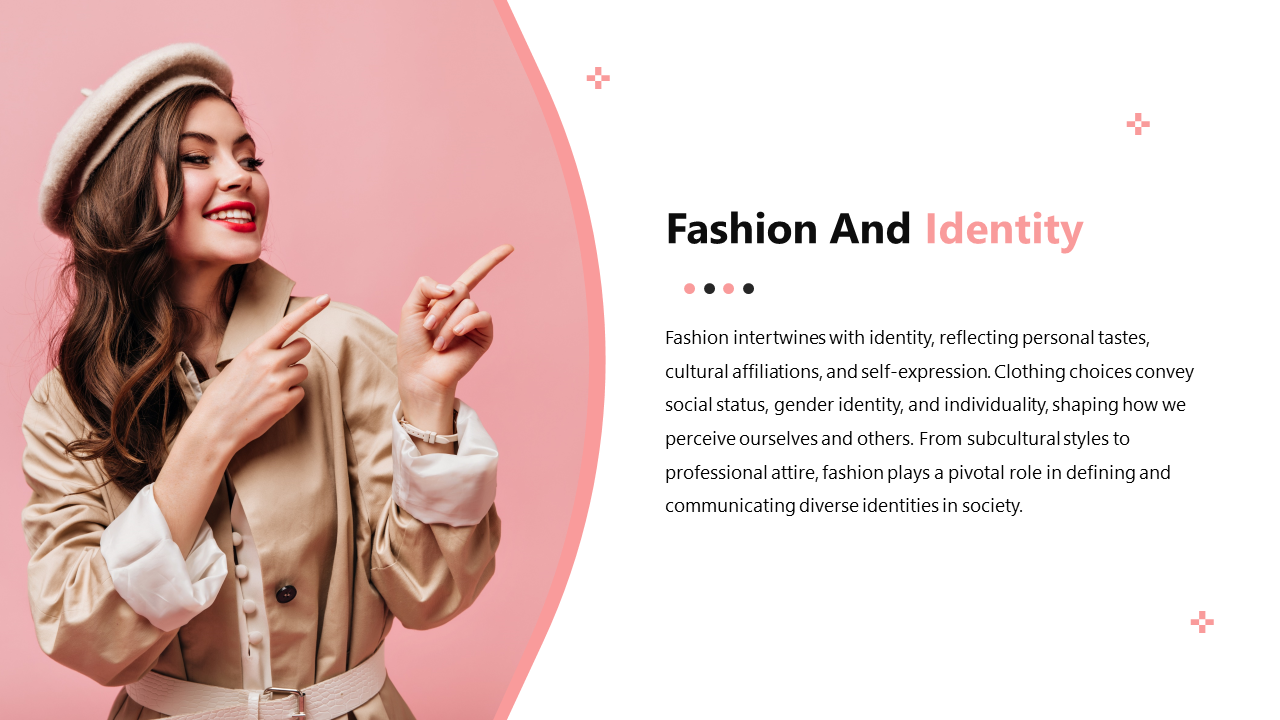 Slide discussing fashion's role in identity, highlighting how clothing conveys social status on a pink and white backdrop.