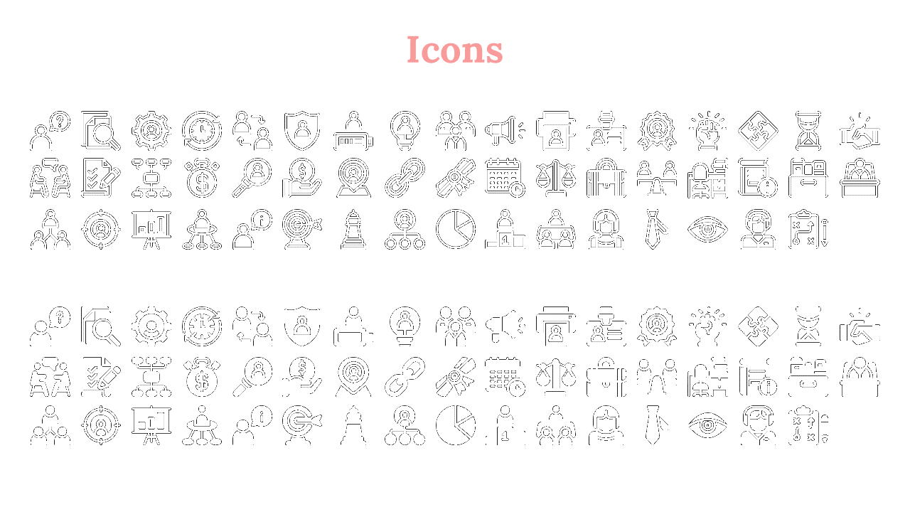 A variety of business icons, including those for planning, management, finance, and professional collaboration in monochrome.