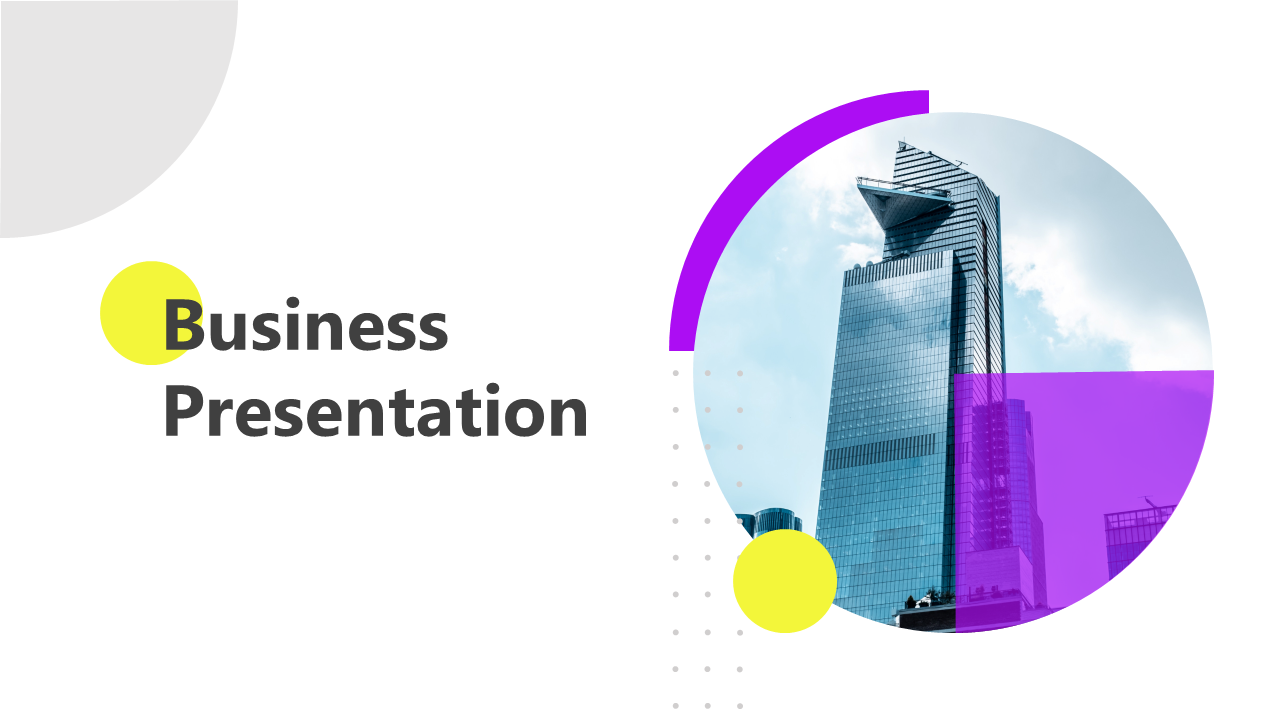 Business presentation slide featuring a modern office building with geometric design elements on a white backdrop.