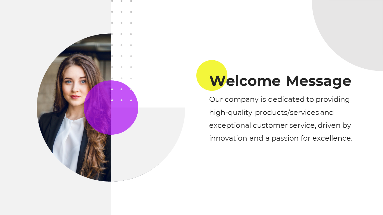 Business presentation slide with a welcome message, featuring an image of a professional woman and colorful geometric shapes.