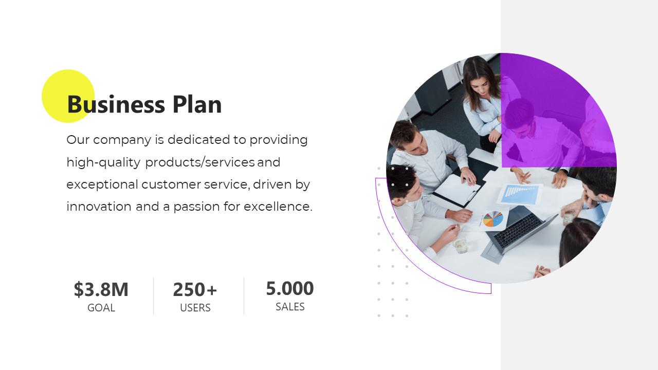 Business plan slide with a team of professionals discussing goals and strategies, with a colorful chart and goal metrics.
