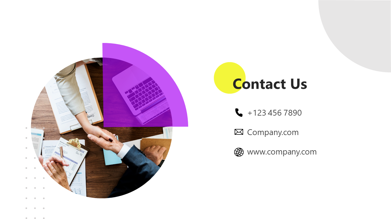 Contact Us slide featuring a handshake with contact details phone number, email, and website on a white backdrop.