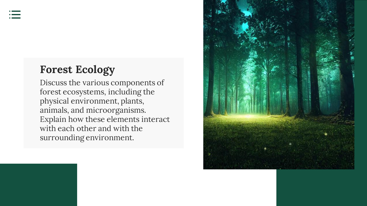 A lush forest scene with an introductory text on the vital role forests play in sustaining biodiversity on a white backdrop.