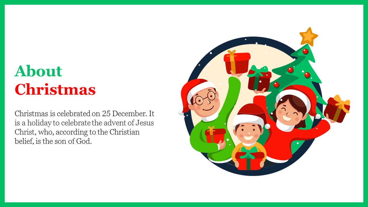 A cartoon illustration depicts a family of three wearing Santa hats, exchanging Christmas gifts around a decorated tree.