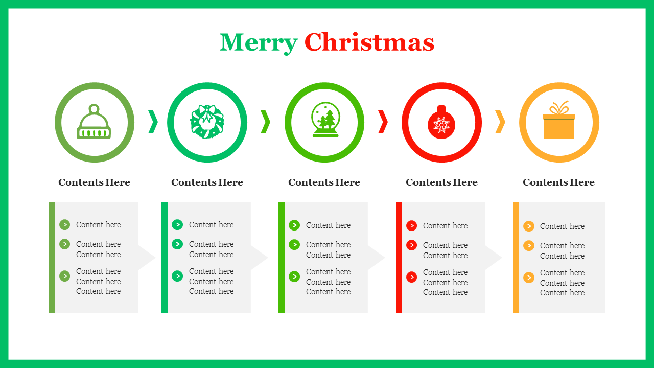 A Merry Christmas infographic displays five color coded circular icons in a sequence, each with content sections below.