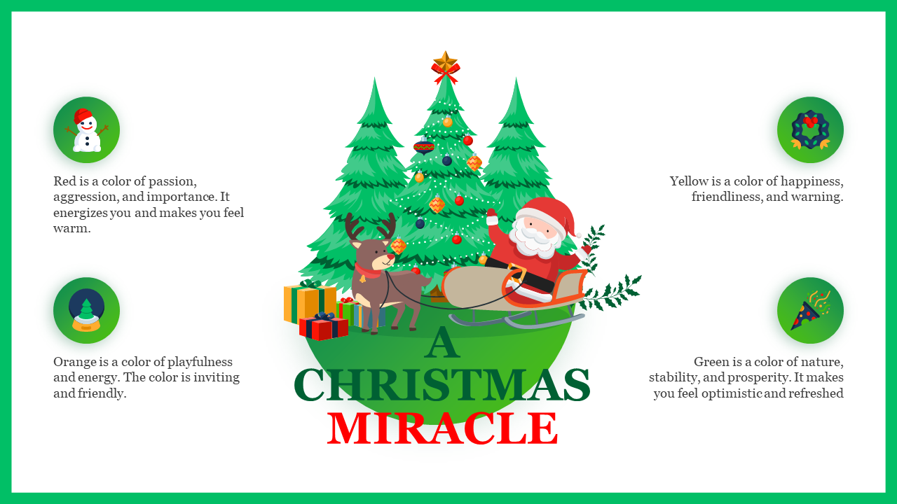 Christmas Miracle slide features Santa in a sleigh with a reindeer, trees, gifts, and color psychology descriptions.