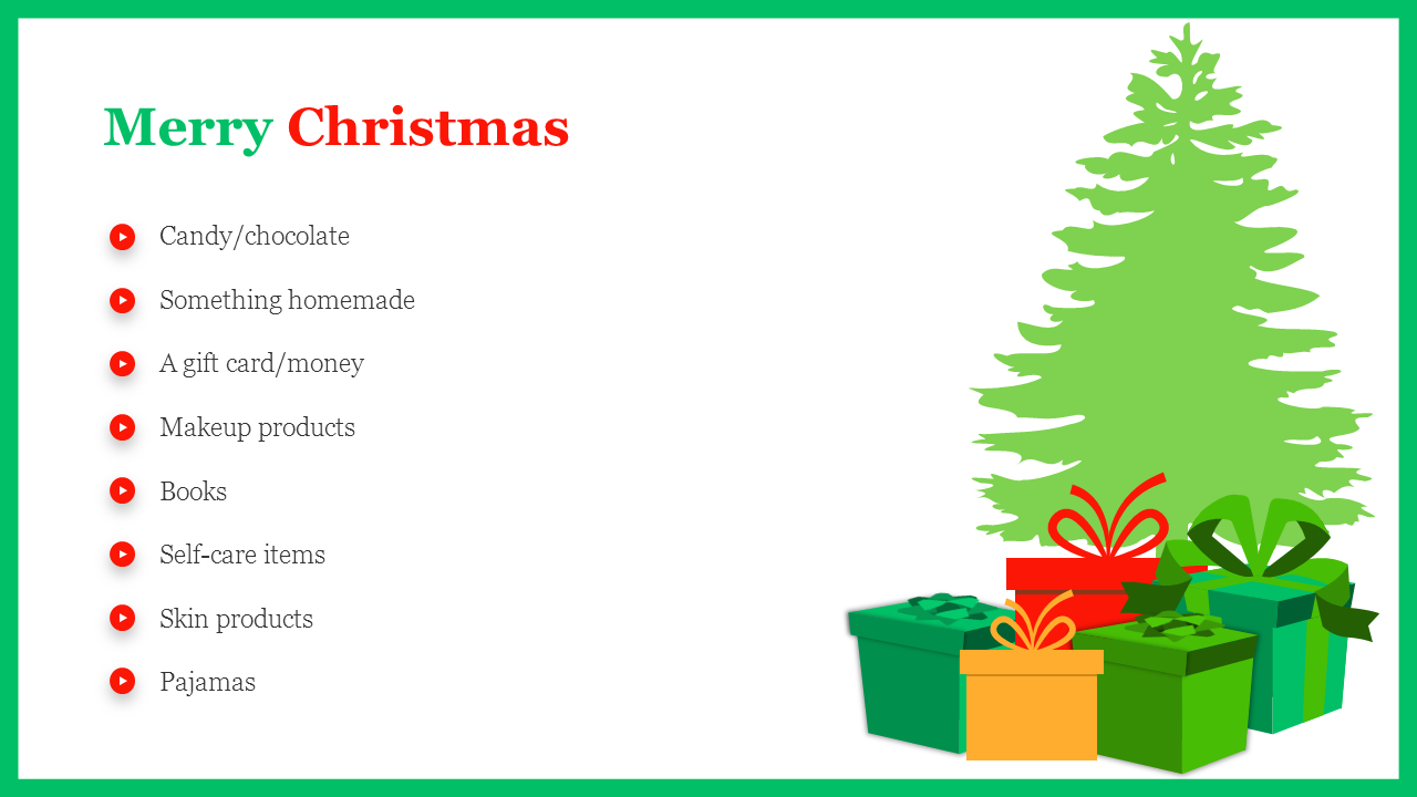 Festive holiday list of Christmas gifts beside a green tree and wrapped gifts, including makeup products, pajamas, and more.