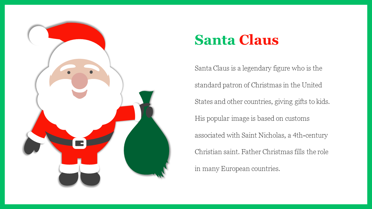 Cheerful illustration of Santa Claus holding a green sack of gifts next to a description on white backdrop and green border.