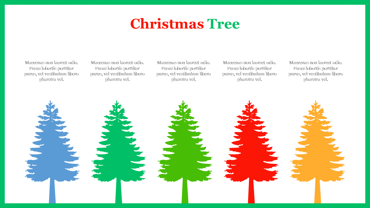 A colorful Christmas tree illustration with trees in blue, green, red, and orange, each with placeholder text next to them.
