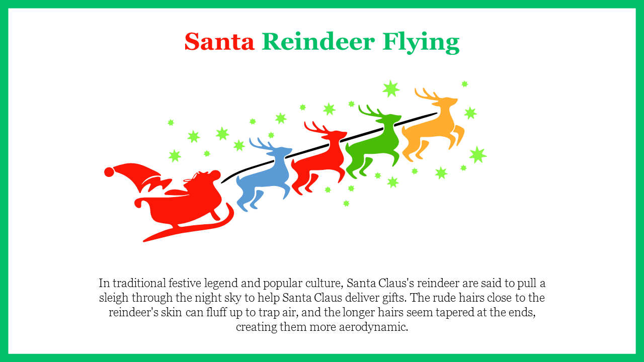 An illustration of Santa's sleigh flying with reindeer in red, orange, yellow, green, and blue, surrounded by green stars.