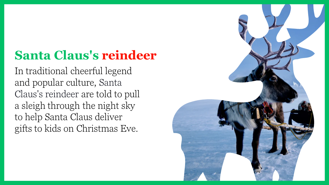 A reindeer in the snow pulling a sleigh, with its shape forming a silhouette filled with a background on a white theme.