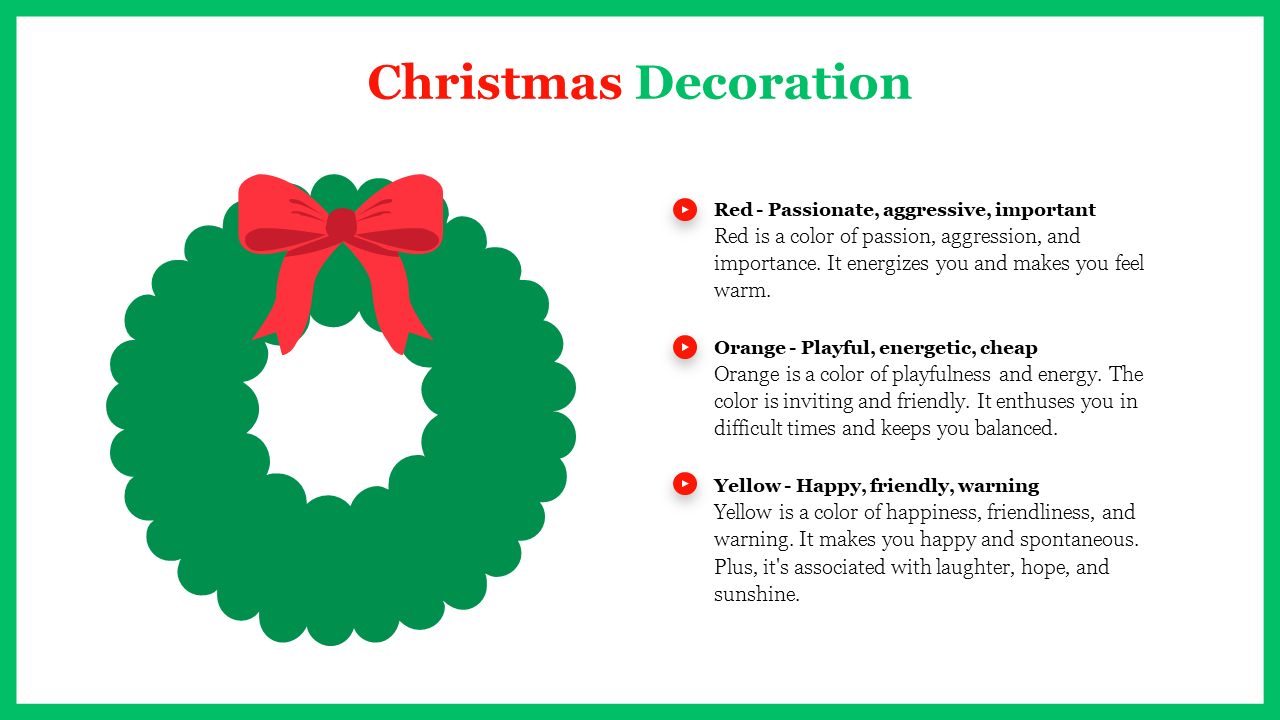 A vibrant green Christmas wreath with a red bow and a color guide explaining the significance of red, orange, and yellow.