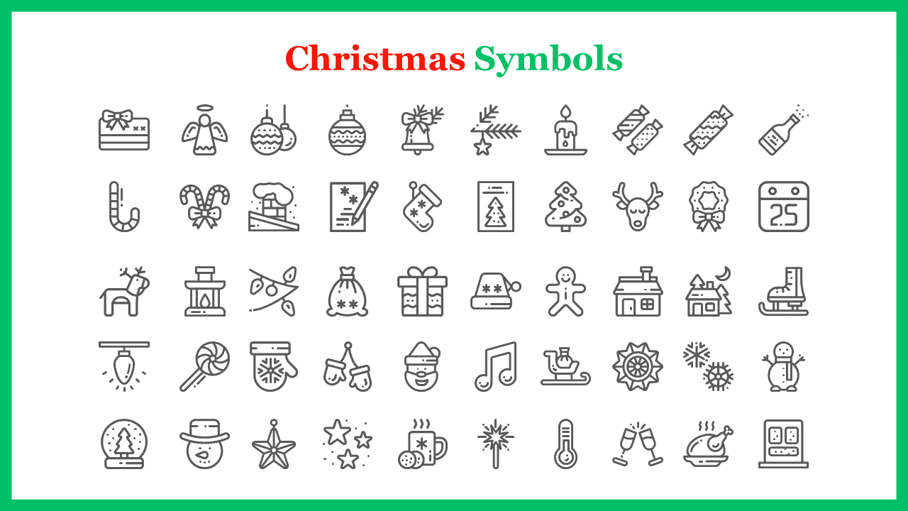 A collection of Christmas symbols including gifts, reindeer, Christmas trees, snowflakes, and more in a festive lineup.