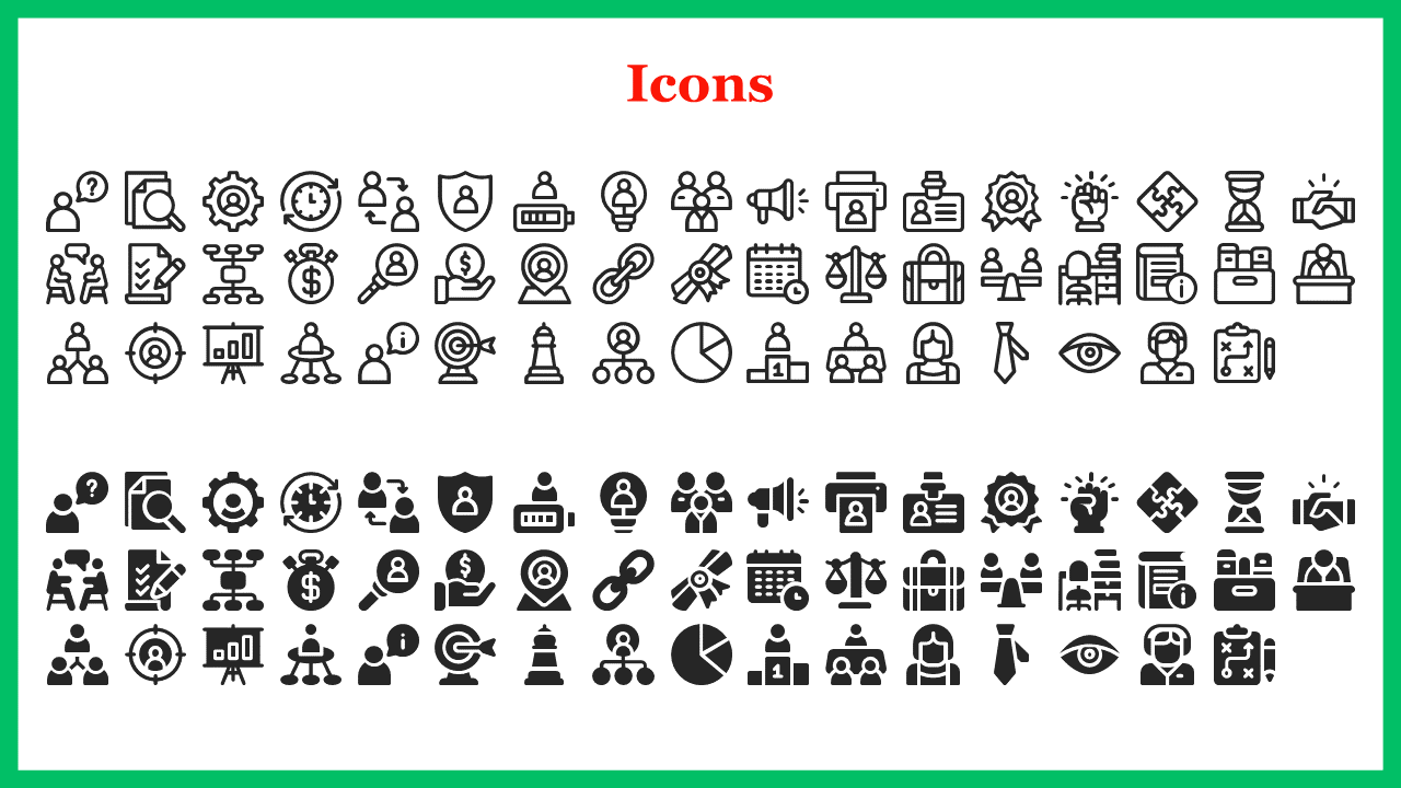 Collection of business related icons, including a magnifying glass, pie chart, calendar, briefcase, and user related symbols.