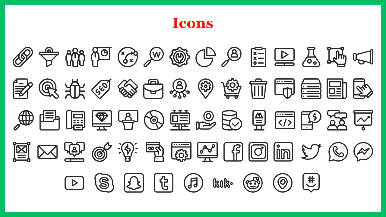 Collection of icons including a magnifying glass, calendar, social media logos, and various technology related symbols.