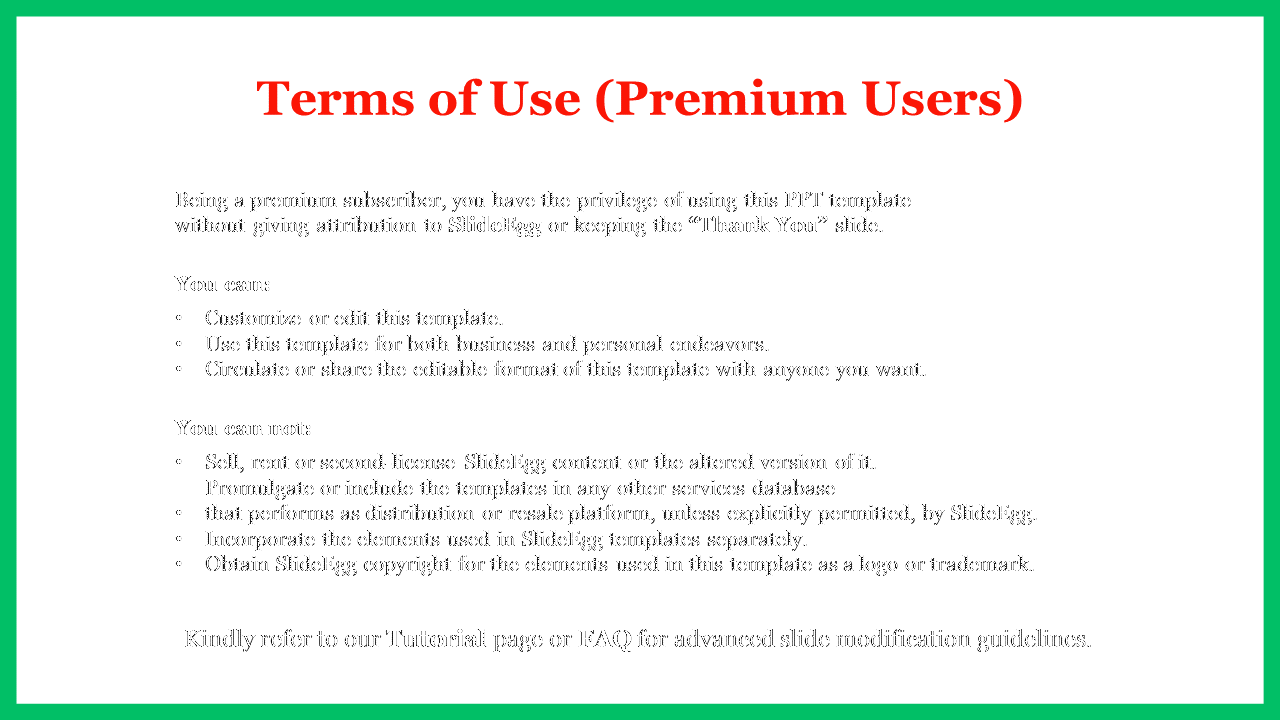 Terms of Use for premium users outlining rights to edit, customize, and share SlideEgg templates on a white backdrop.