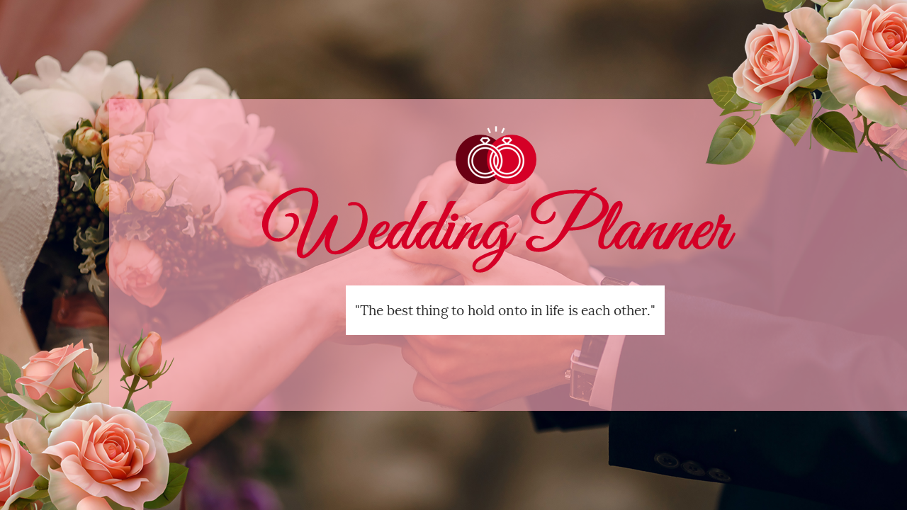 A soft wedding background with roses and a couple holding hands, featuring the title and an inspiring love quote.