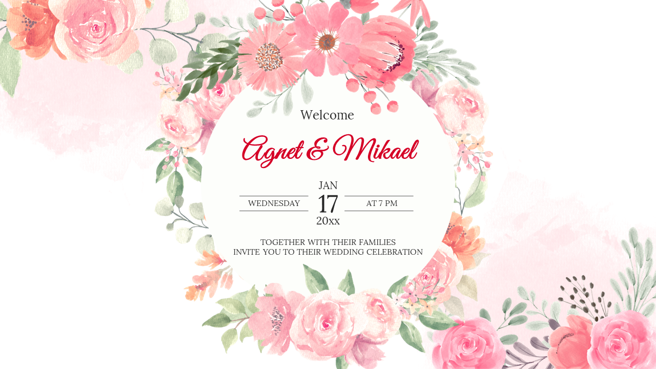 Wedding invitation slide features colorful floral decorations with the names Agnet and Mikael, date, and time details.