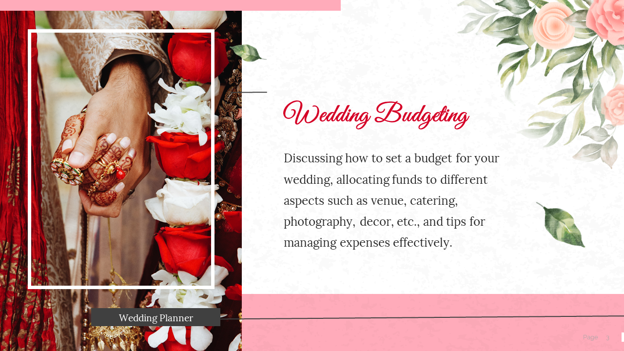 Wedding budgeting PowerPoint slide with tips on setting a budget for wedding expenses, featuring floral designs.