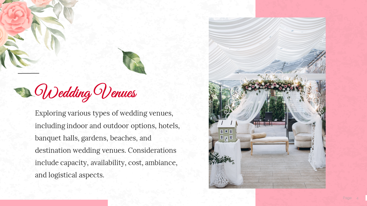 Wedding venues PowerPoint slide showcasing an indoor wedding setup with floral decorations on a white and pink theme.