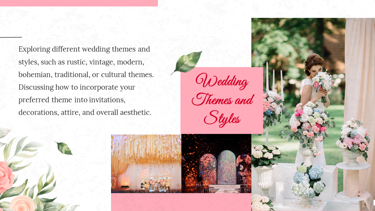 Wedding themes and styles slide showing various wedding decorations and a bride with a bouquet on a white and pink theme.