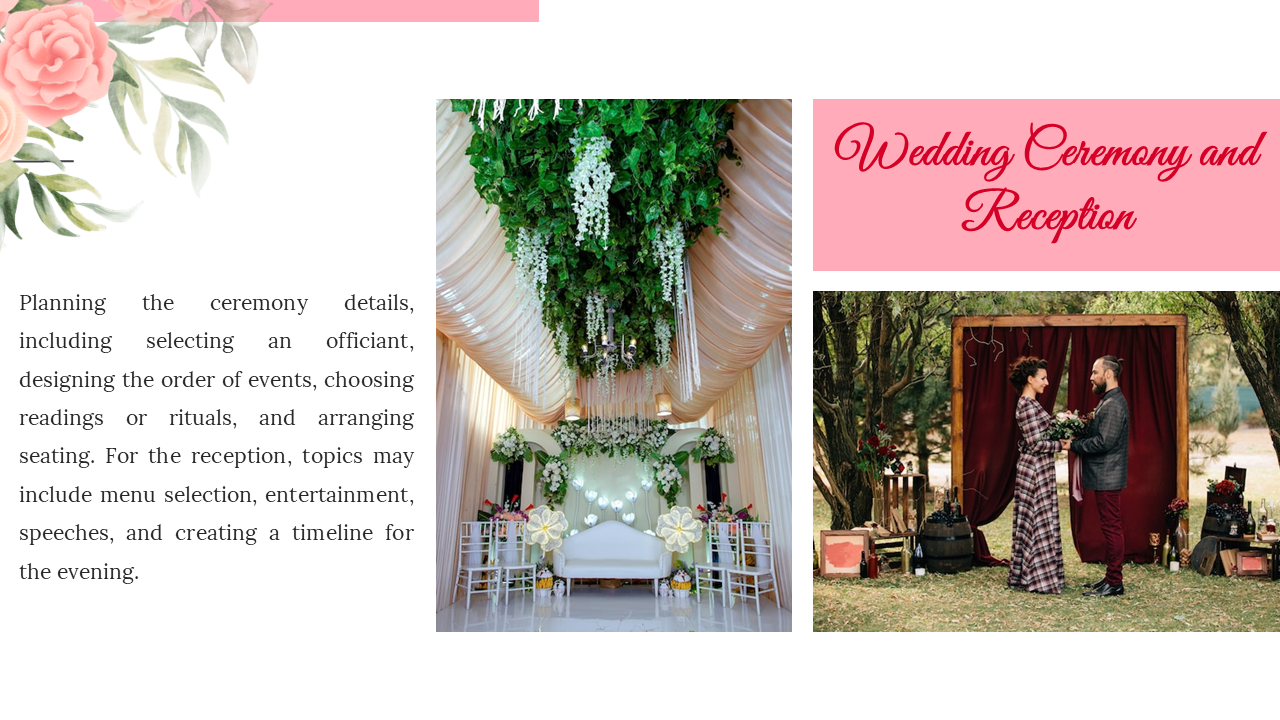 Wedding ceremony and reception PowerPoint slide with floral decorations and a couple at their outdoor wedding.