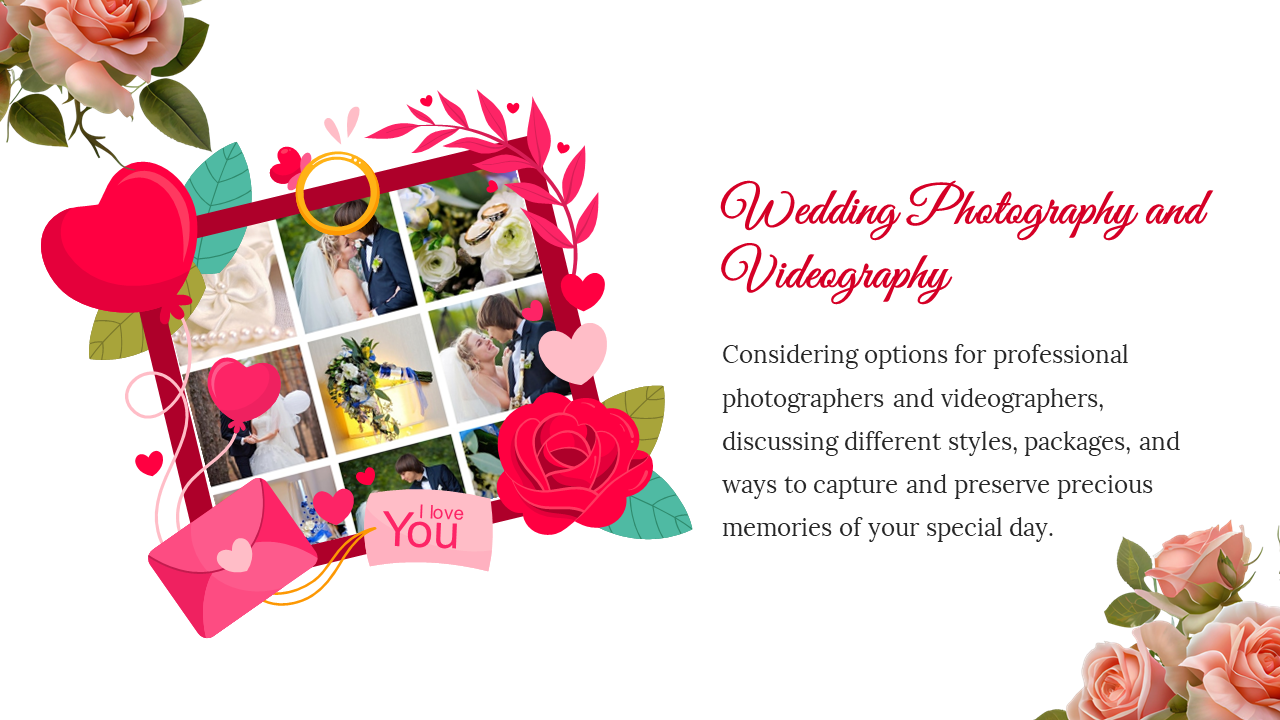 Wedding photography and videography slide featuring a heart shaped frame with wedding photos on a white backdrop.