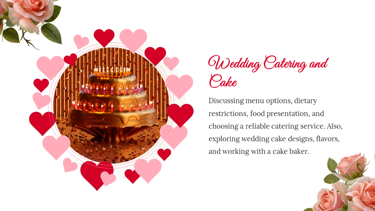 Wedding catering and cake slide with a heart shaped frame around a wedding cake, discussing menu options and cake designs.