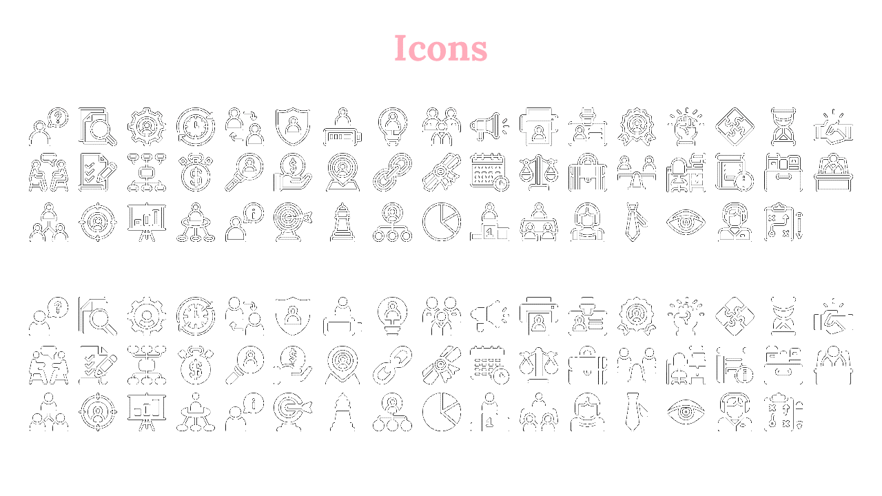 Various icons representing teamwork, finance, technology, and analysis, arranged in two rows under the label icons in pink.