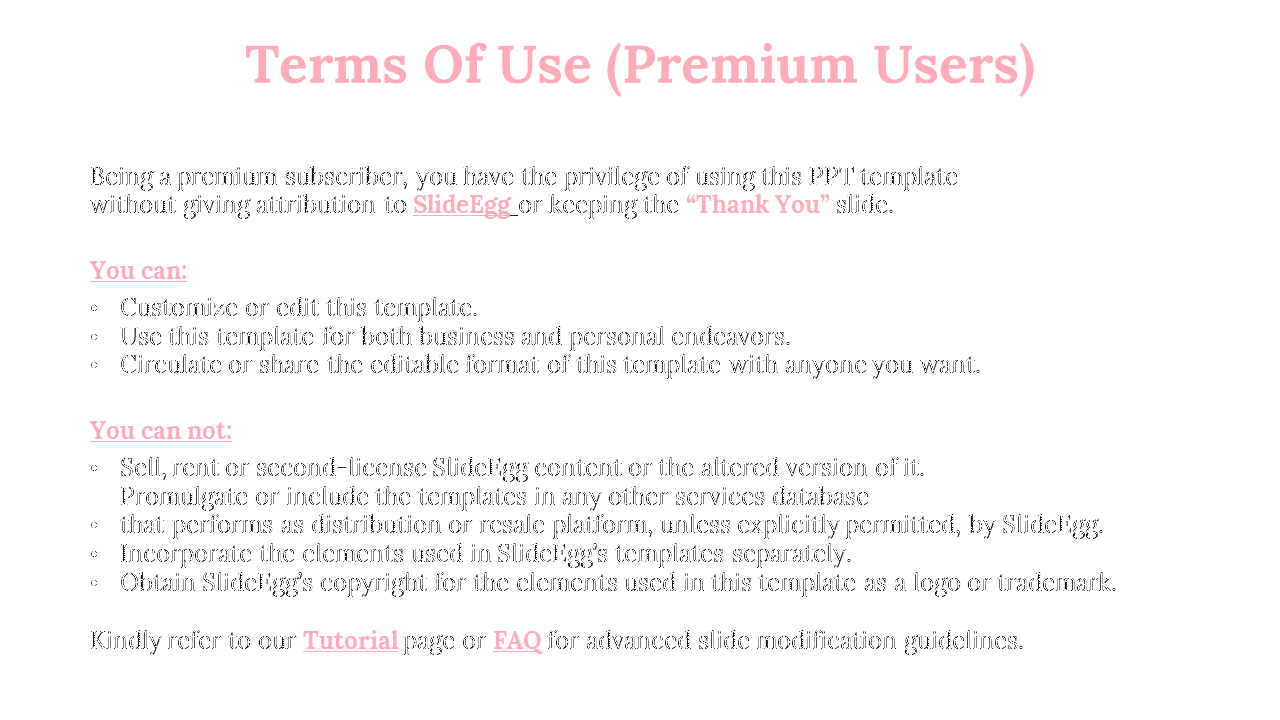 Terms of use for premium users, including permission to customize, share, and use templates on a white backdrop.