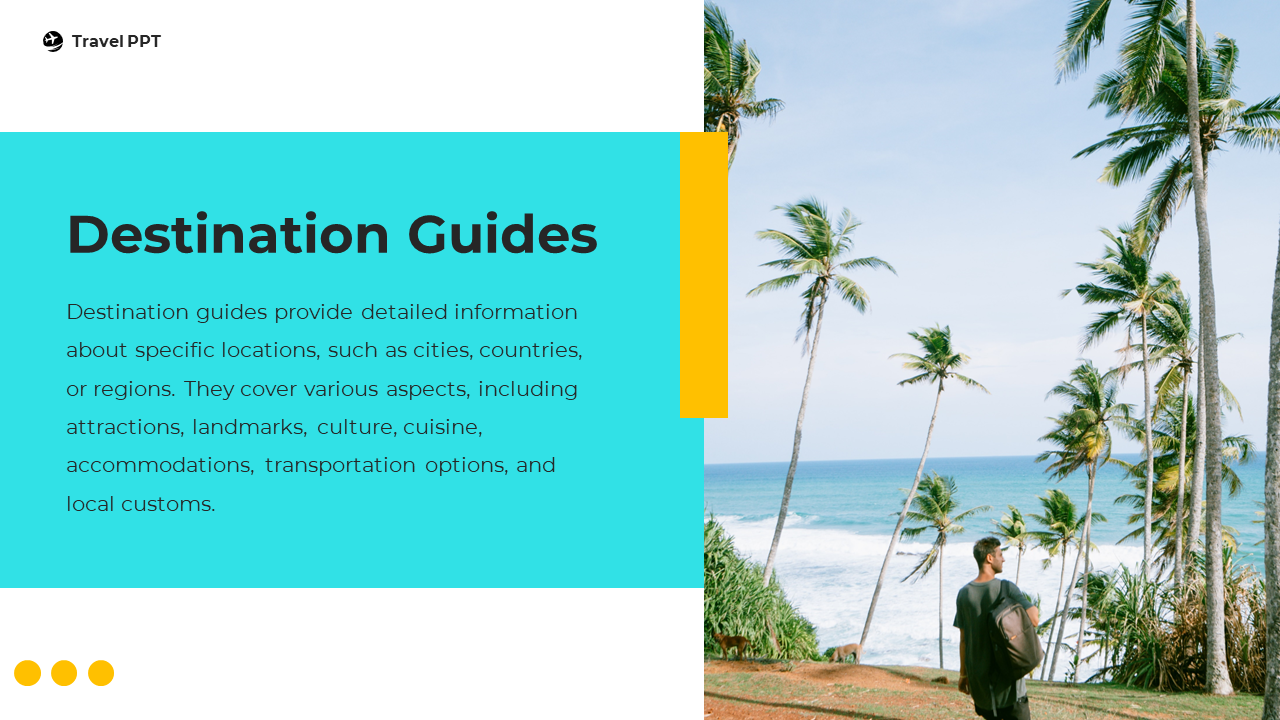 Travel themed slide titled destination guides with a tropical beach background and a person walking along the shore.