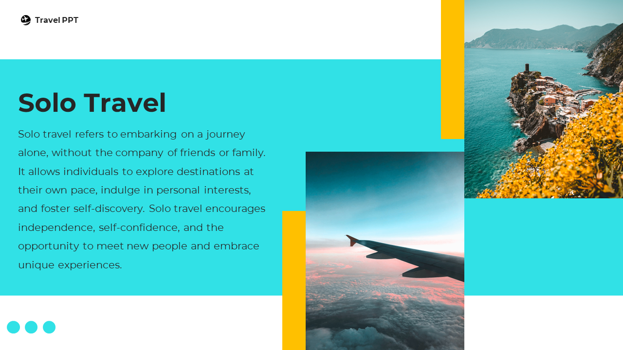 Solo Travel slide featuring an image of an airplane wing above the clouds, with text explaining a blue theme.