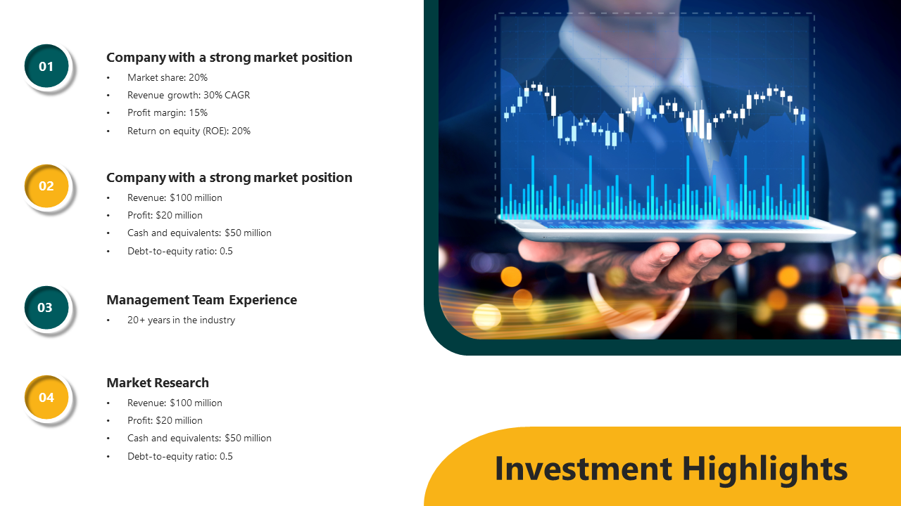 Investment highlights slide featuring data on company market position, management experience, and financial metrics.