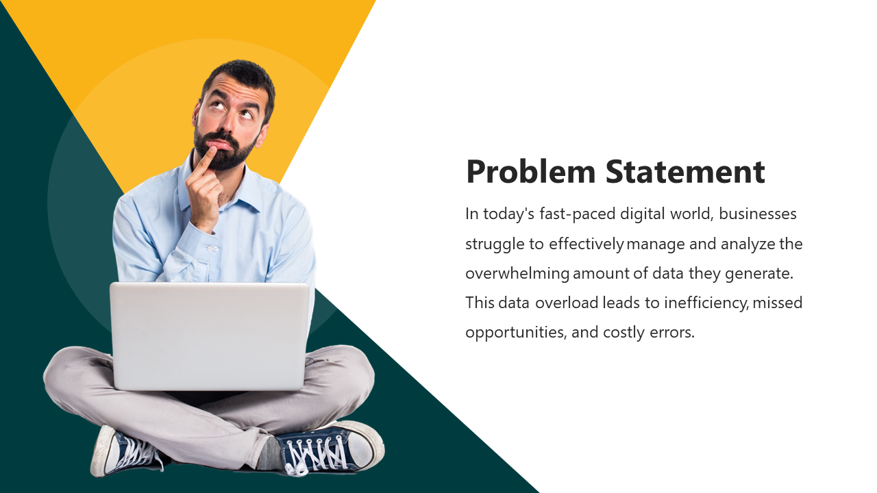 Problem statement slide depicts a person thinking while using a laptop, with a white, green, and yellow background.
