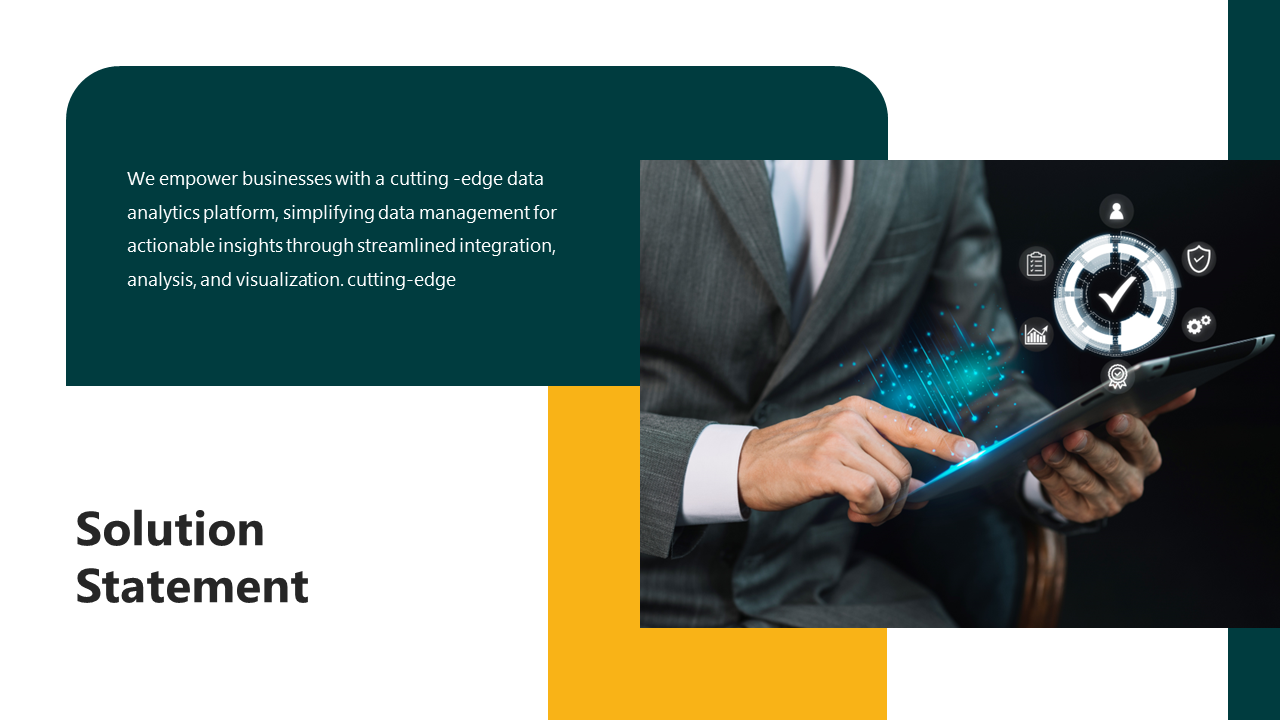 Solution statement slide depicting person using tablet with digital data visualization and icons on a white and green theme.