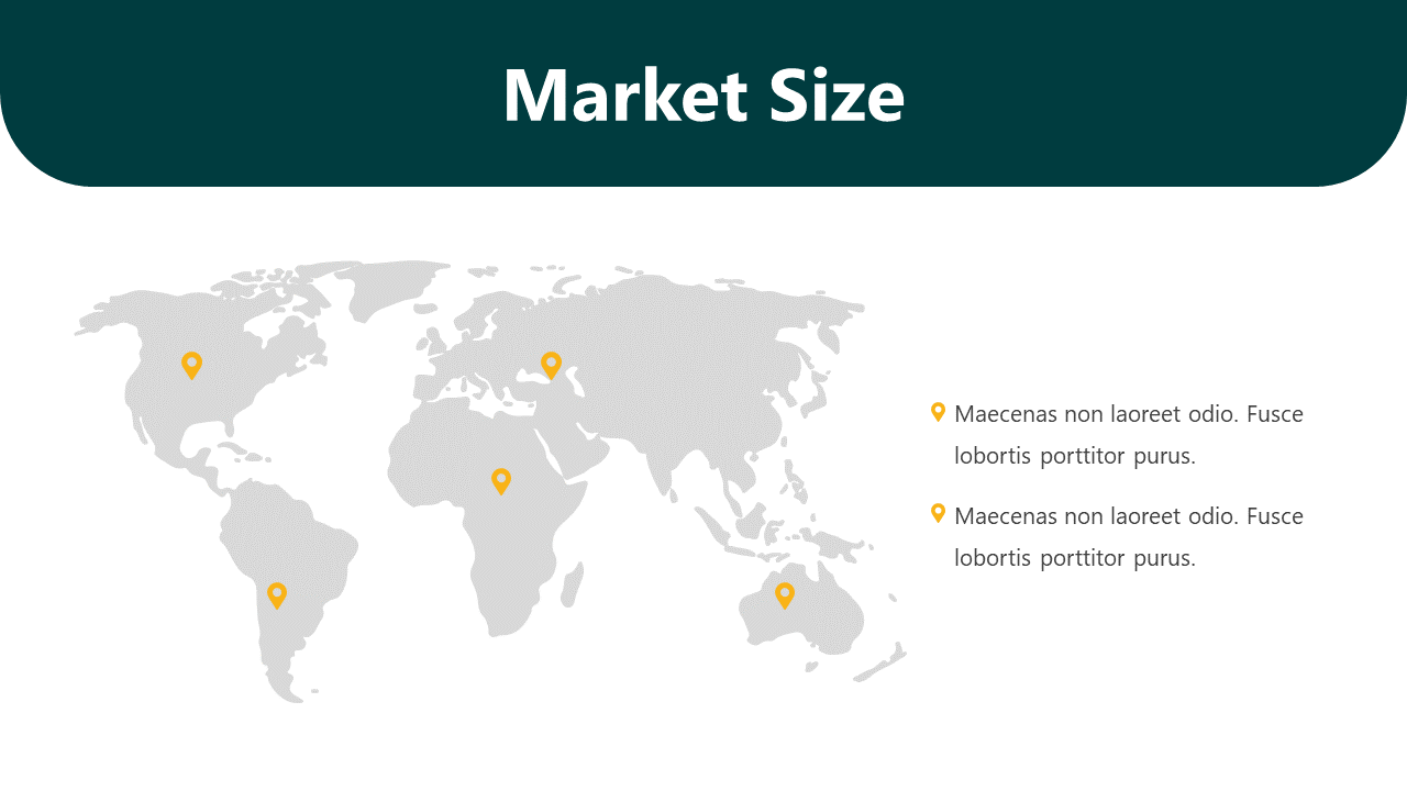 Map showing global market size with highlighted locations in North America, South America, Africa, and Oceania with text.
