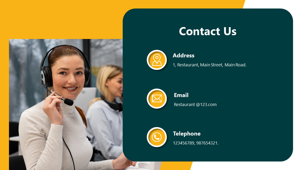 A contact slide featuring the address, email, and telephone number with an image of a smiling woman wearing a headset.