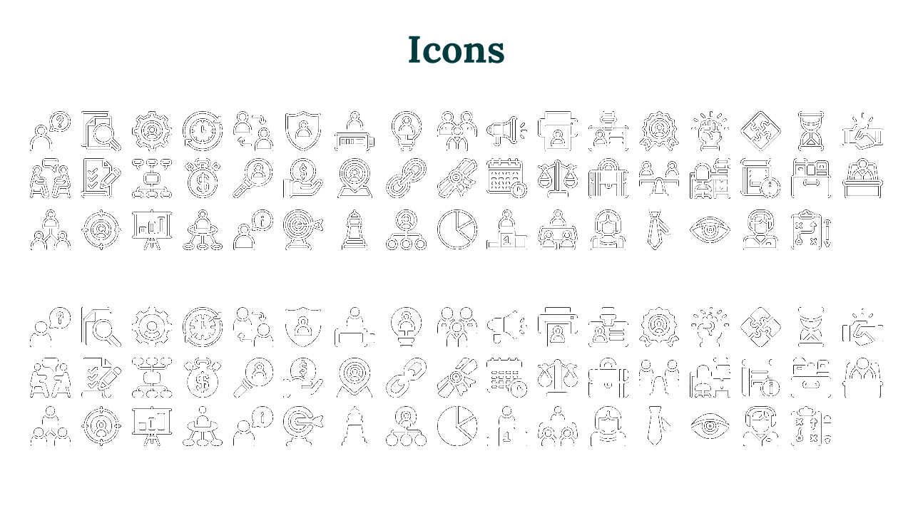 A collection of black and white icons representing various business and technology related concepts on a white backdrop.