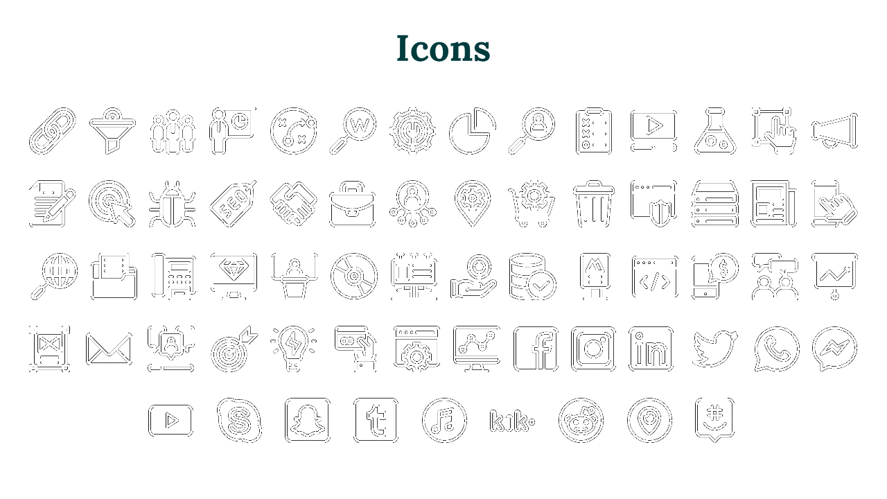 Grid of black icons for business, technology, and social media tools, featuring symbols such as email, charts, and marketing.
