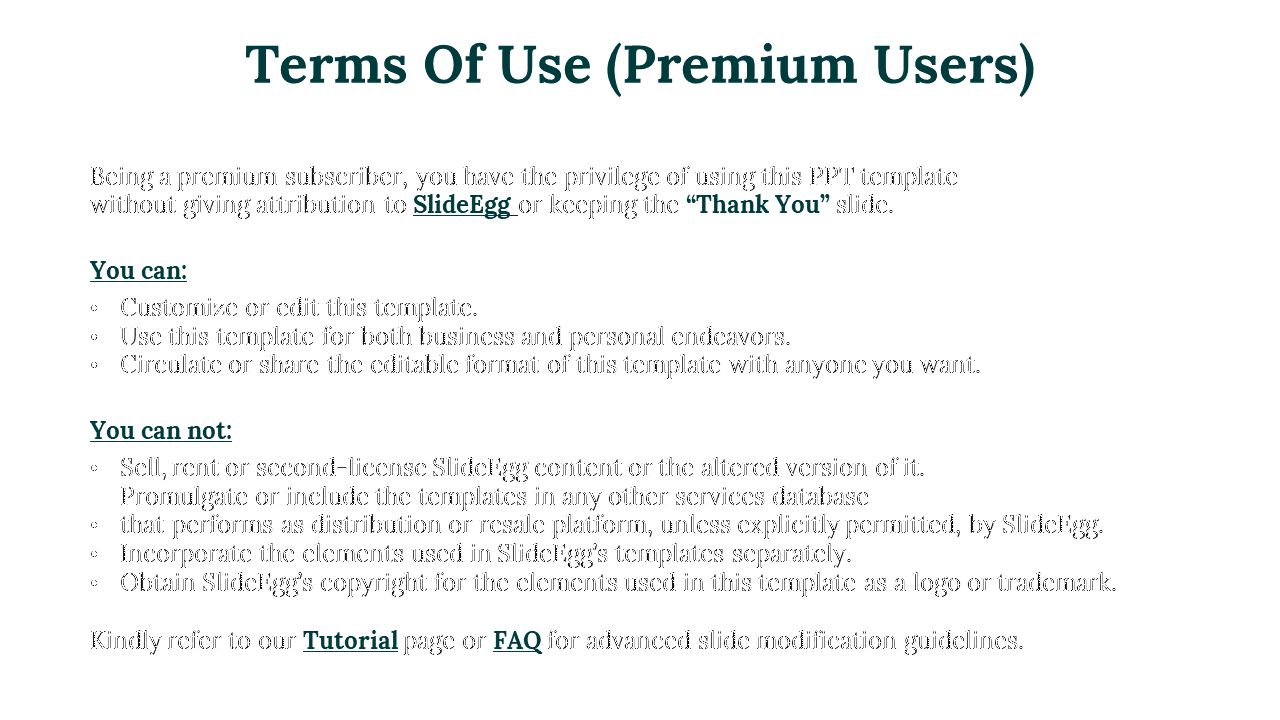 Terms for premium users detailing the privileges of using SlideEgg templates, including rights to edit on a white backdrop.